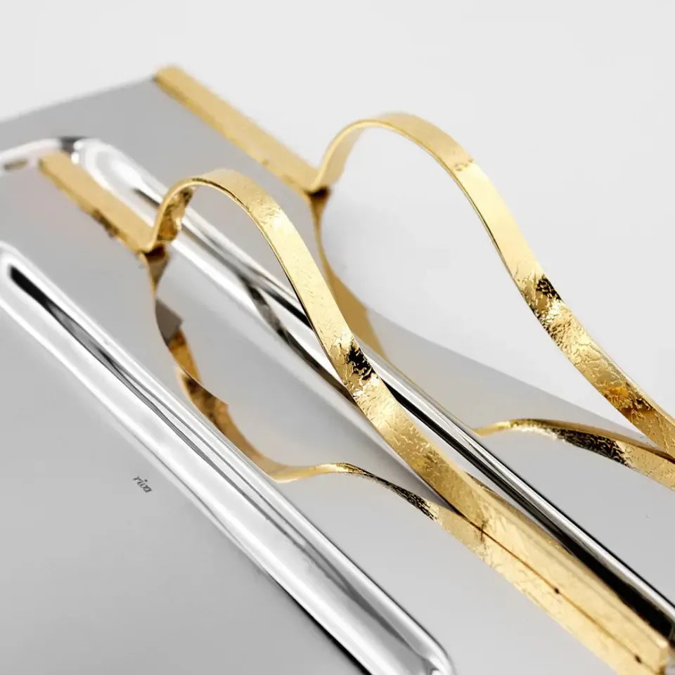 Bandeja Retangular Grande Craquele Inox com Detalhes em Ouro 24k Riva