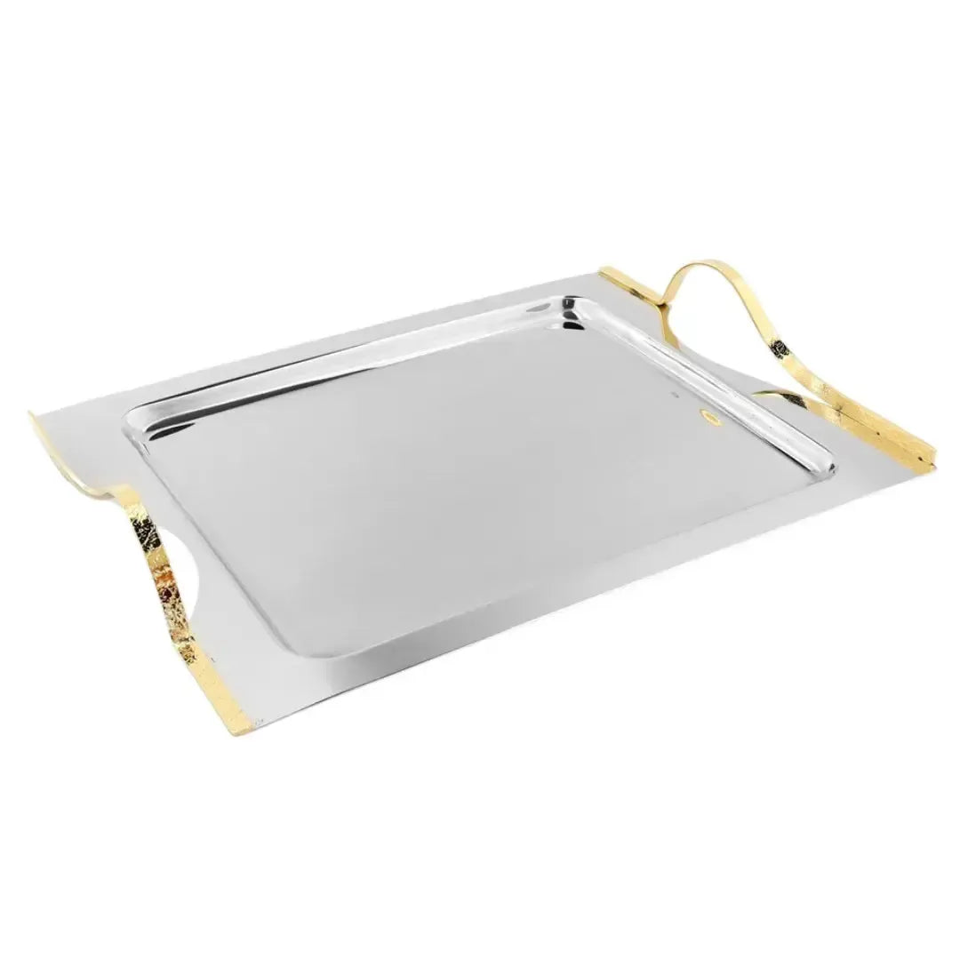 Bandeja Retangular Média Craquele Inox com Detalhes em Ouro 24k Riva