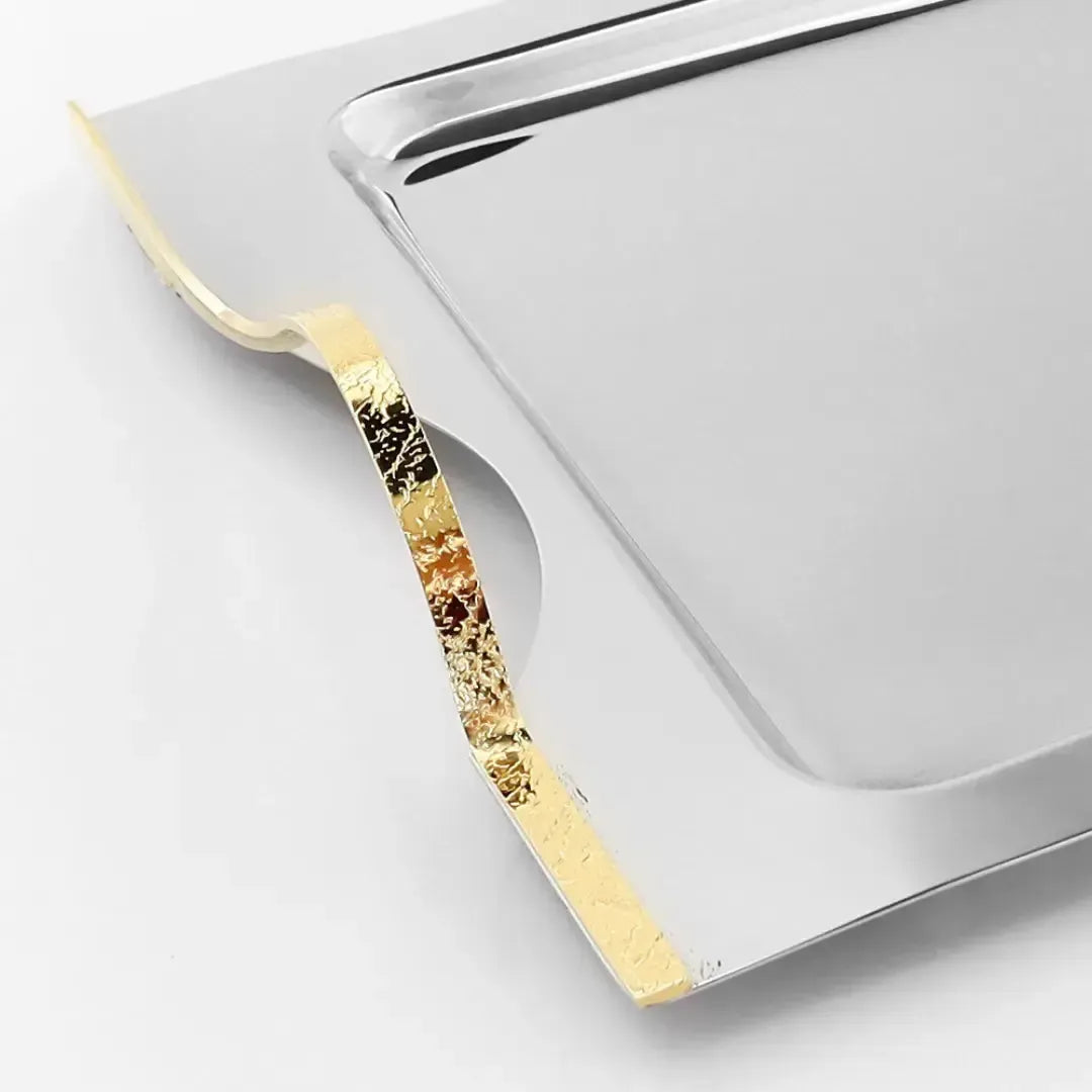 Bandeja Retangular Média Craquele Inox com Detalhes em Ouro 24k Riva
