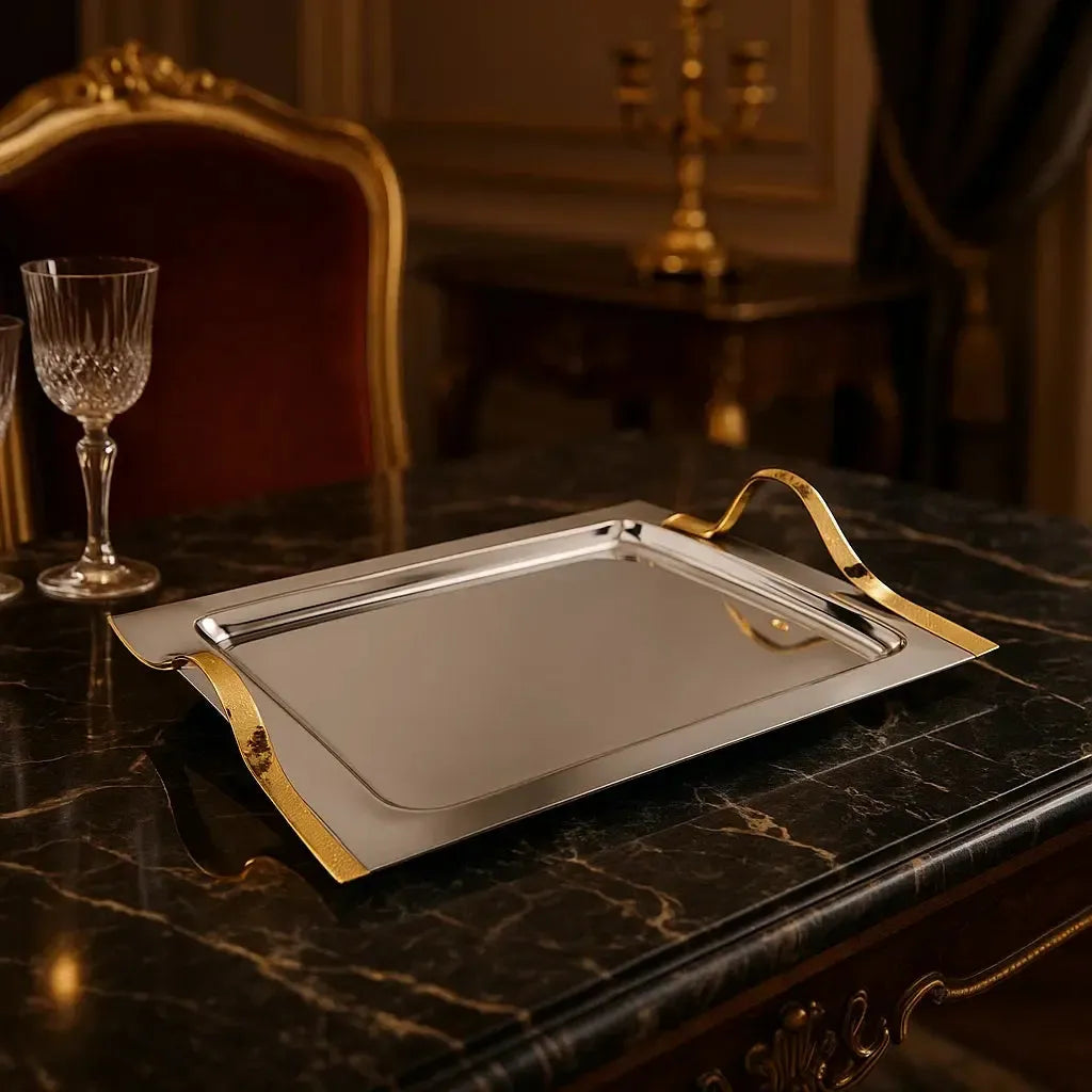 Bandeja Retangular Média Craquele Inox com Detalhes em Ouro 24k Riva