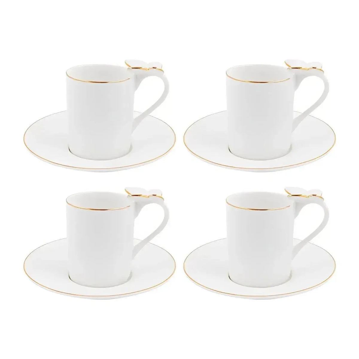 Jogo 4 Xícaras de Café com Pires New Bone China Papillon Borboleta Borda Dourada 100ml L'Hermitage
