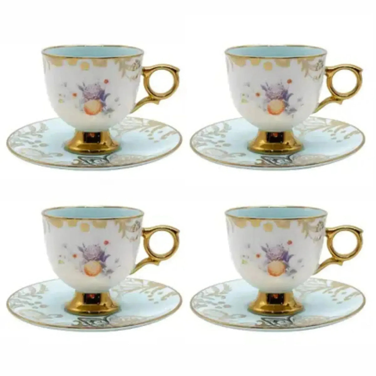 Jogo 4 Xícaras de Café com Pires New Bone China Madeleine Azul Borda Dourada 90ml L'Hermitage