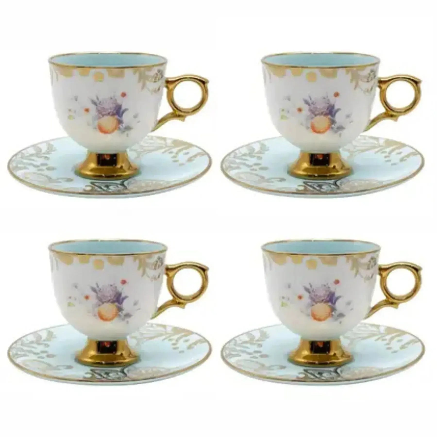 Jogo 4 Xícaras de Chá com Pires New Bone China Madeleine Azul Borda Dourada 200ml L'Hermitage