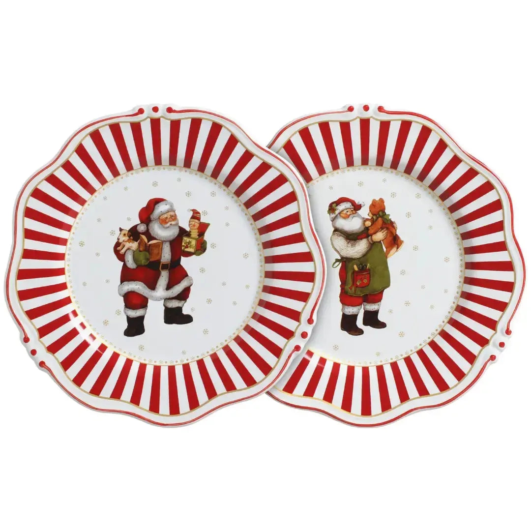 Jogo 6 Pratos Raso Cerâmica Vermelho Filete Dourado Christmas Charm 28cm Scalla