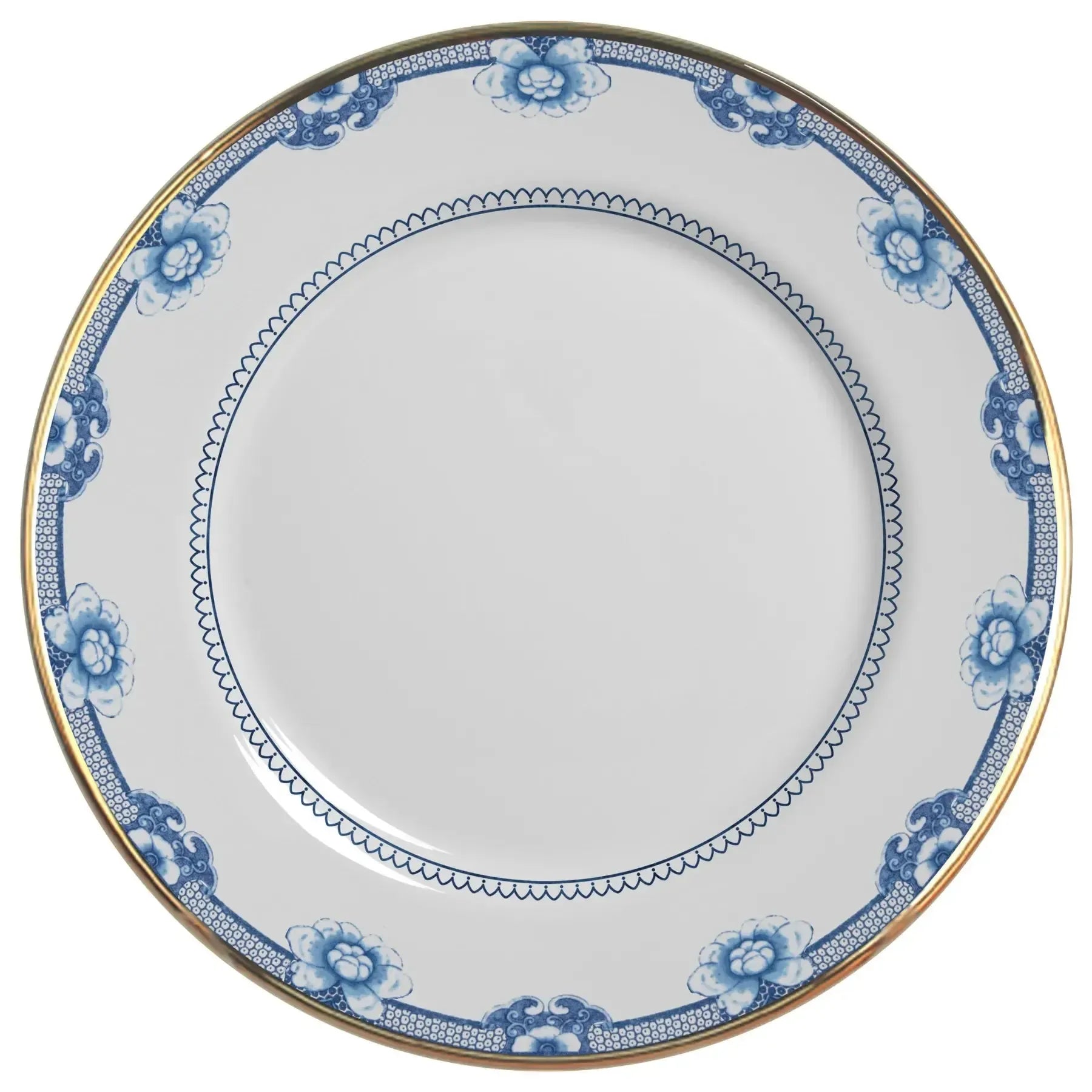 Jogo 6 Pratos Rasos Cerâmica Chinese Blue Filete Ouro 29cm Alleanza