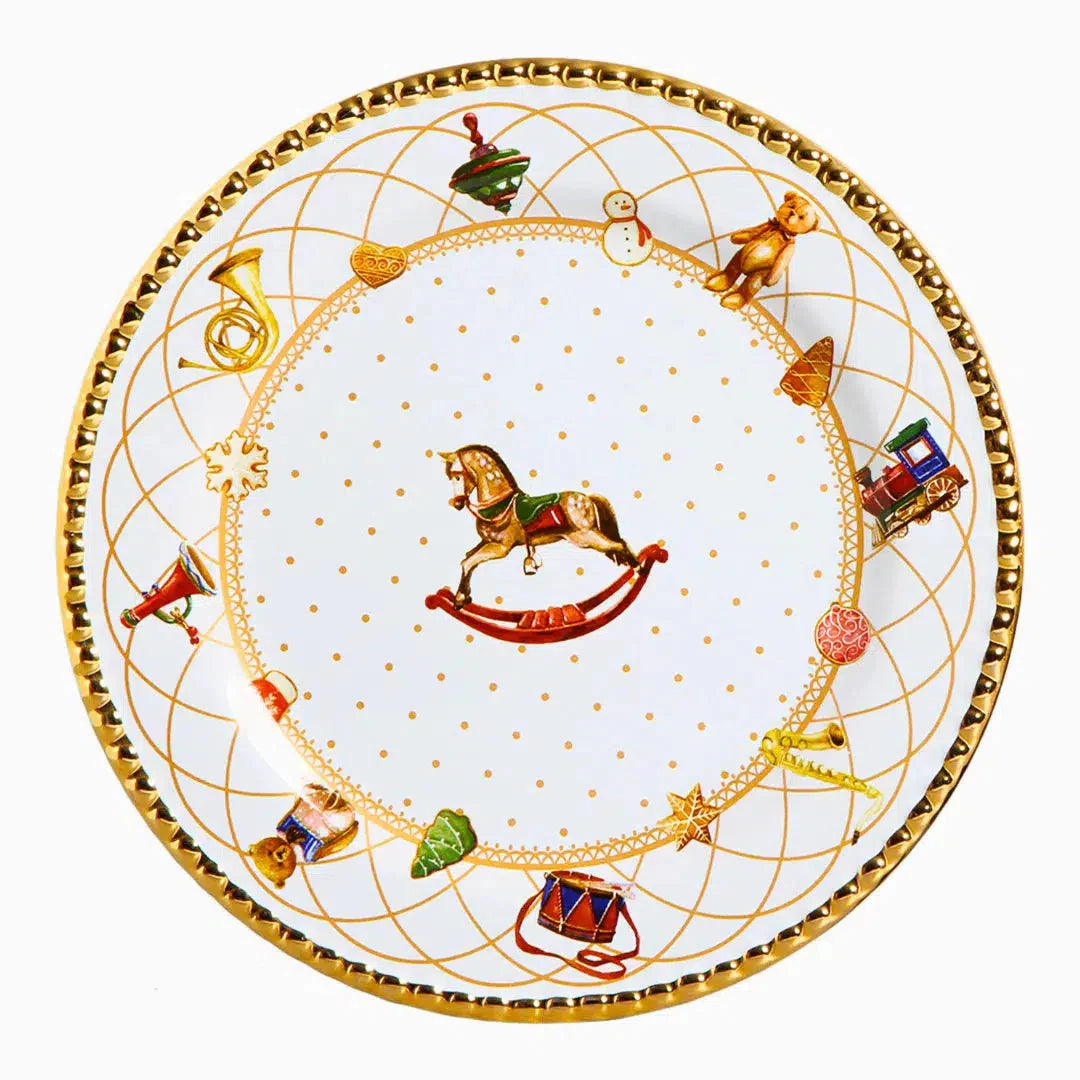 Jogo 6 Pratos Rasos Cerâmica Toys Christmas com Ouro 28cm Scalla