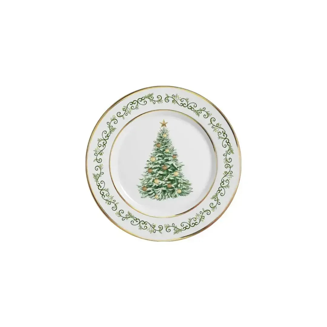 Jogo 6 Pratos de Sobremesa Cerâmica Classic Christmas Filete Dourado 21cm Alleanza