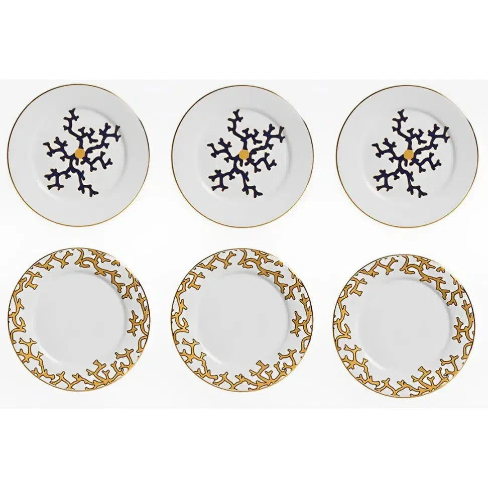 Jogo 6 Pratos de Sobremesa Cerâmica Coral Blue (Branco com Azul e Branco com Amarelo) 20,6cm Scalla