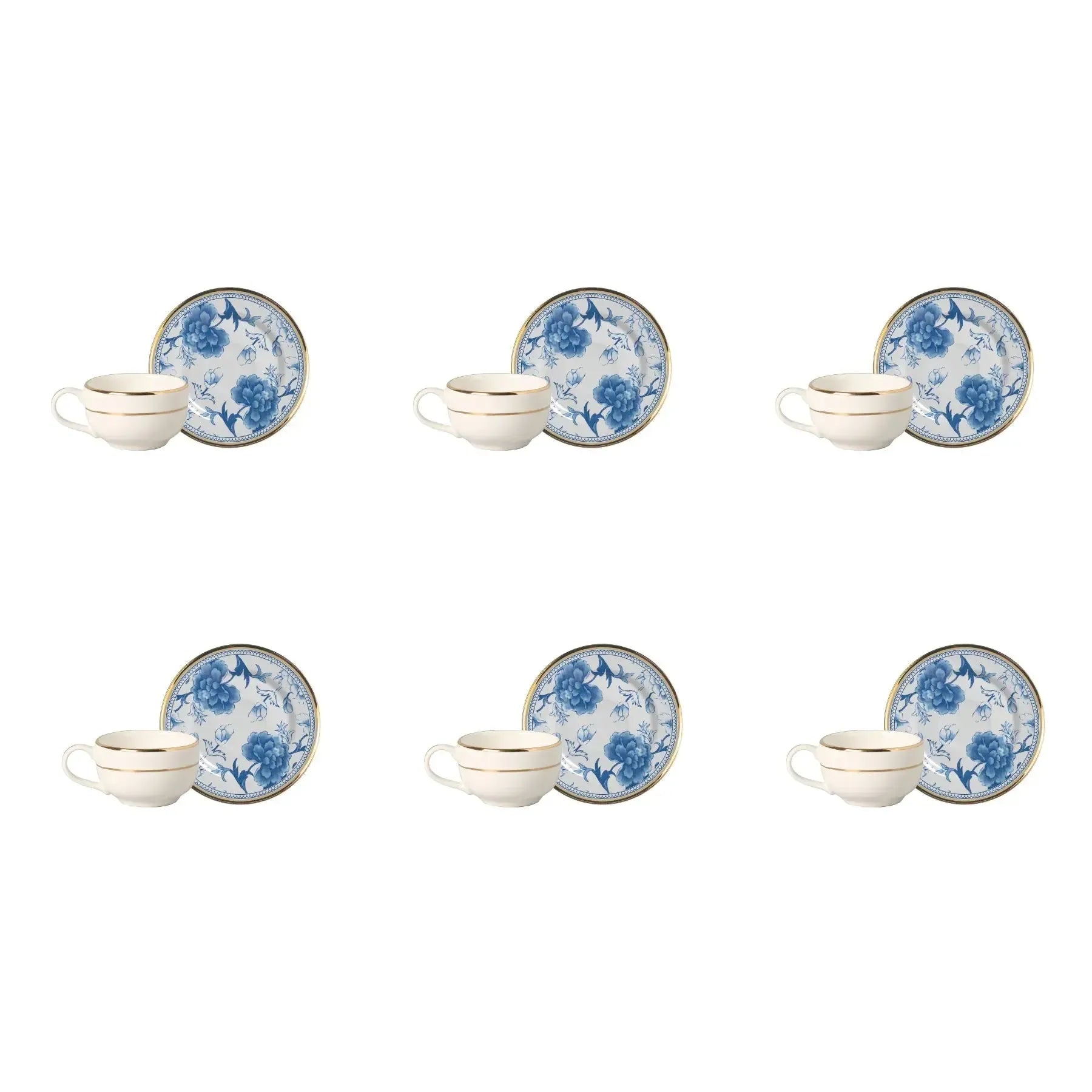 Jogo 6 Xícaras Café Cerâmica Pires Chinese Blue Filete Ouro 85ml Alleanza