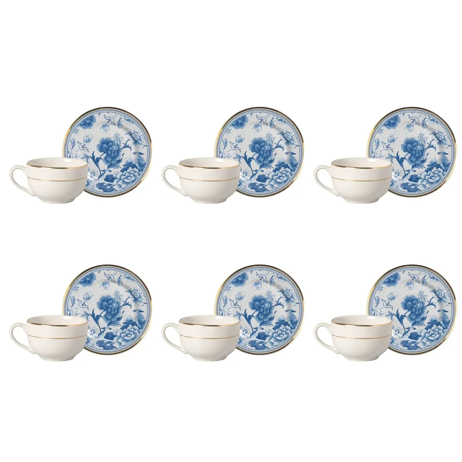 Jogo 6 Xícaras Chá Cerâmica Pires Chinese Blue Filete Ouro 250ml Alleanza