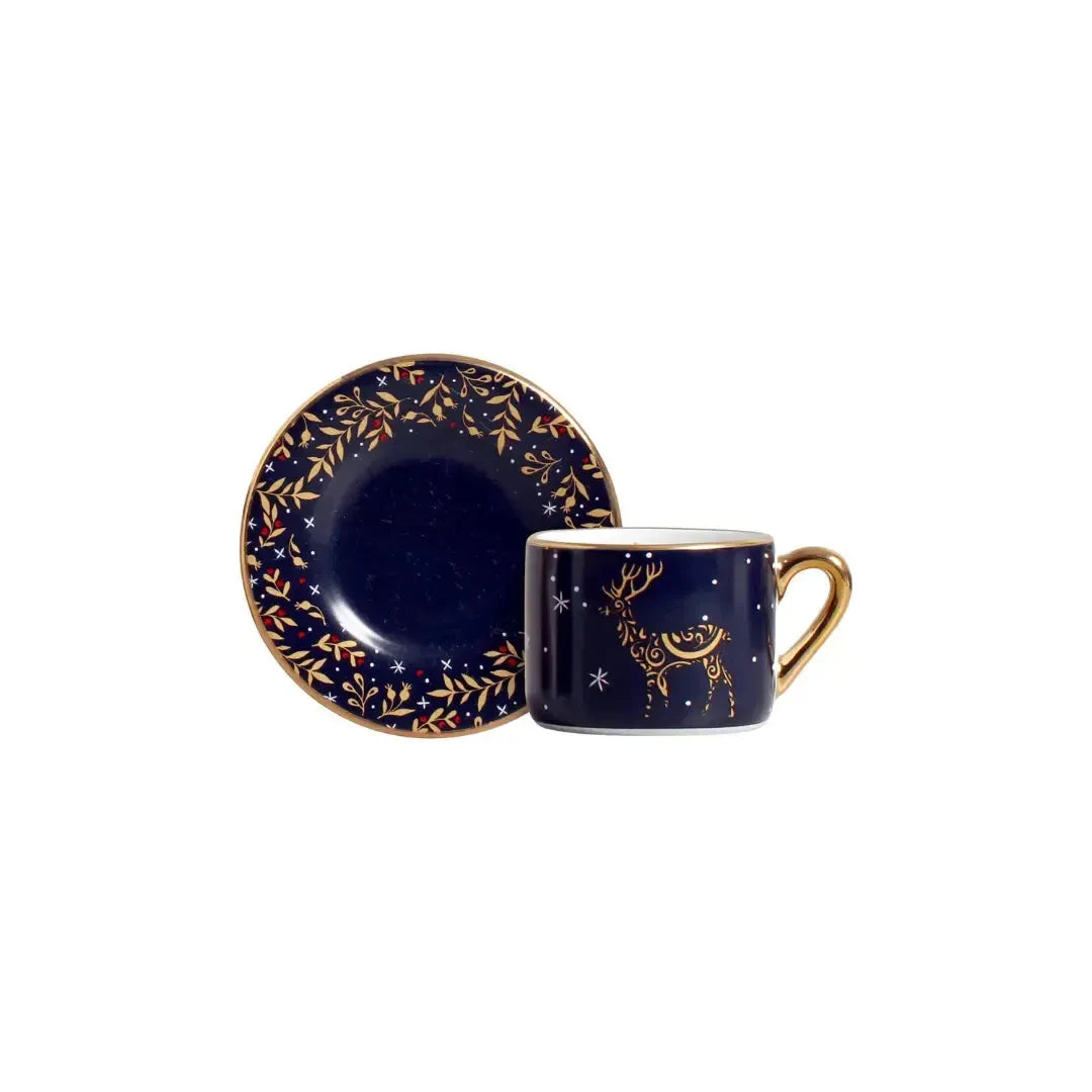 Jogo 6 Xícaras de Café Pires Cerâmica Azul Christmas Lights 100ml