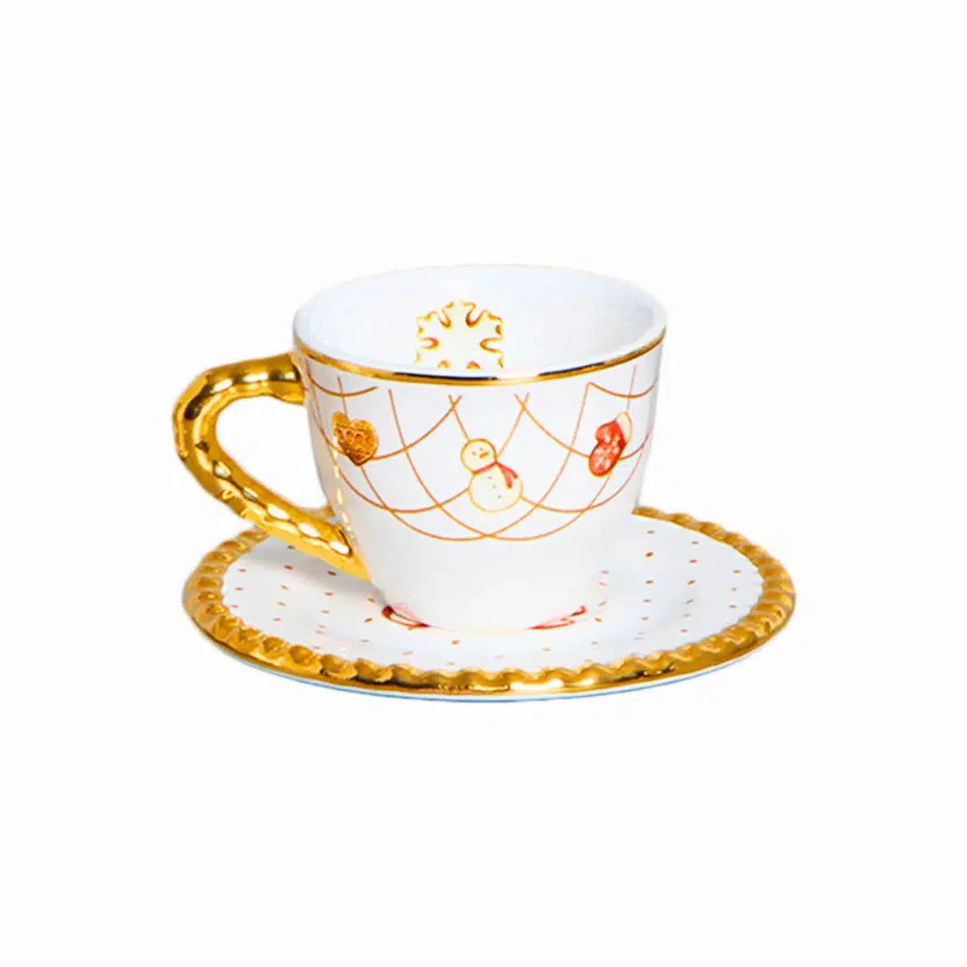 Jogo 6 Xícaras de Café com Pires Cerâmica Toys Christmas com Ouro 100ml Scalla