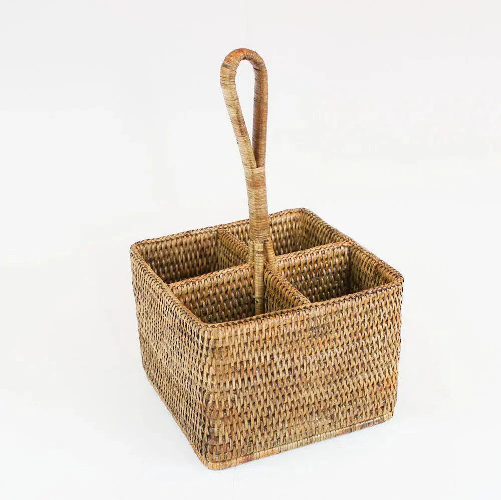 Porta Talheres/Temperos Quadrado em Rattan com Alça Bahali Grande