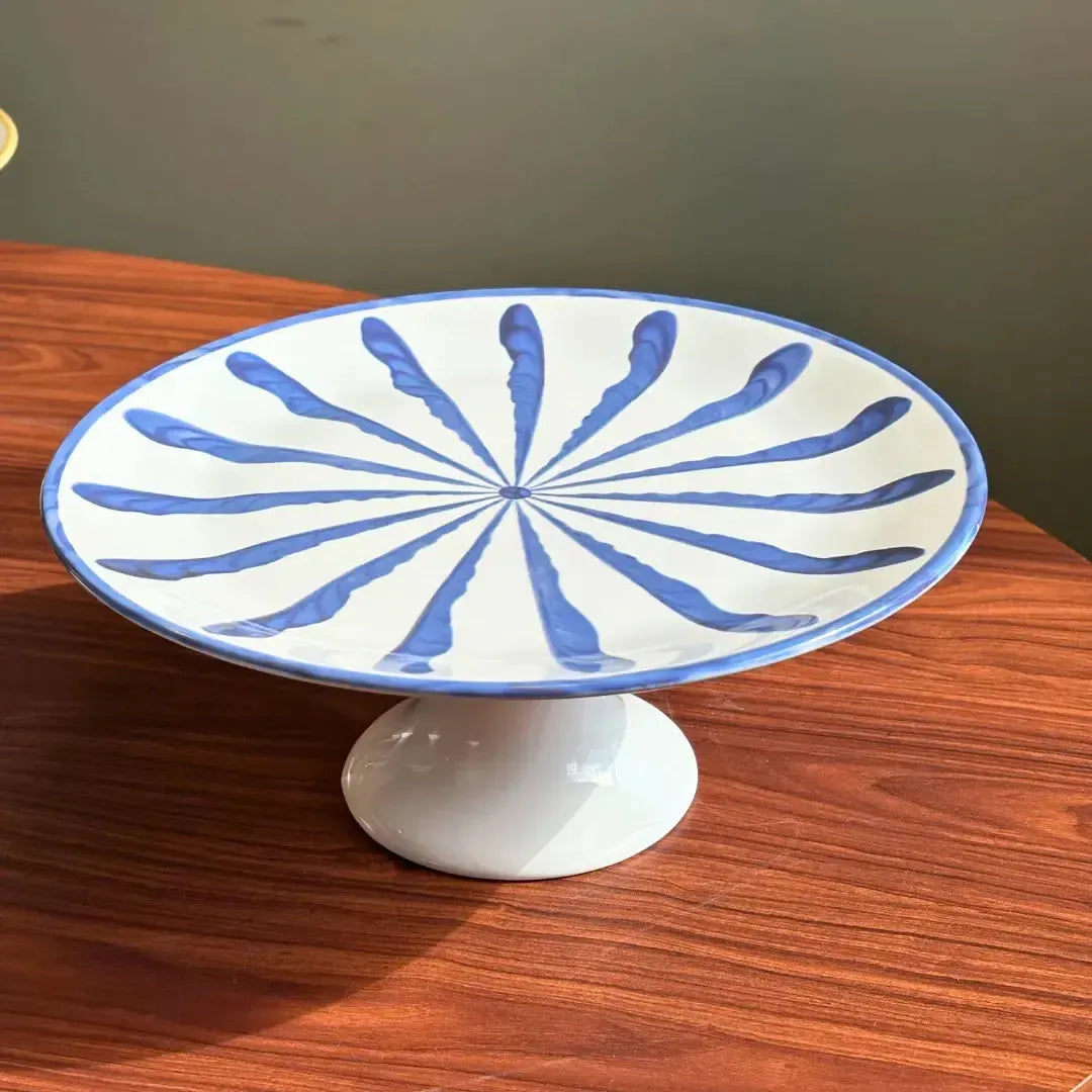 Porta Torta com Pé Cerâmica Piuma Azul Scalla