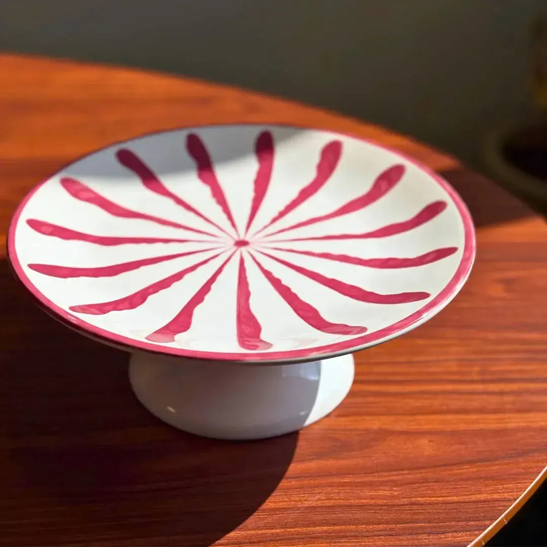 Prato para Bolo com Pé Cerâmica Piuma Vermelho Scalla