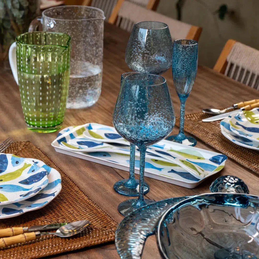 Taça Champanhe Acrílico Detalhes Bolhas Azul 296ml