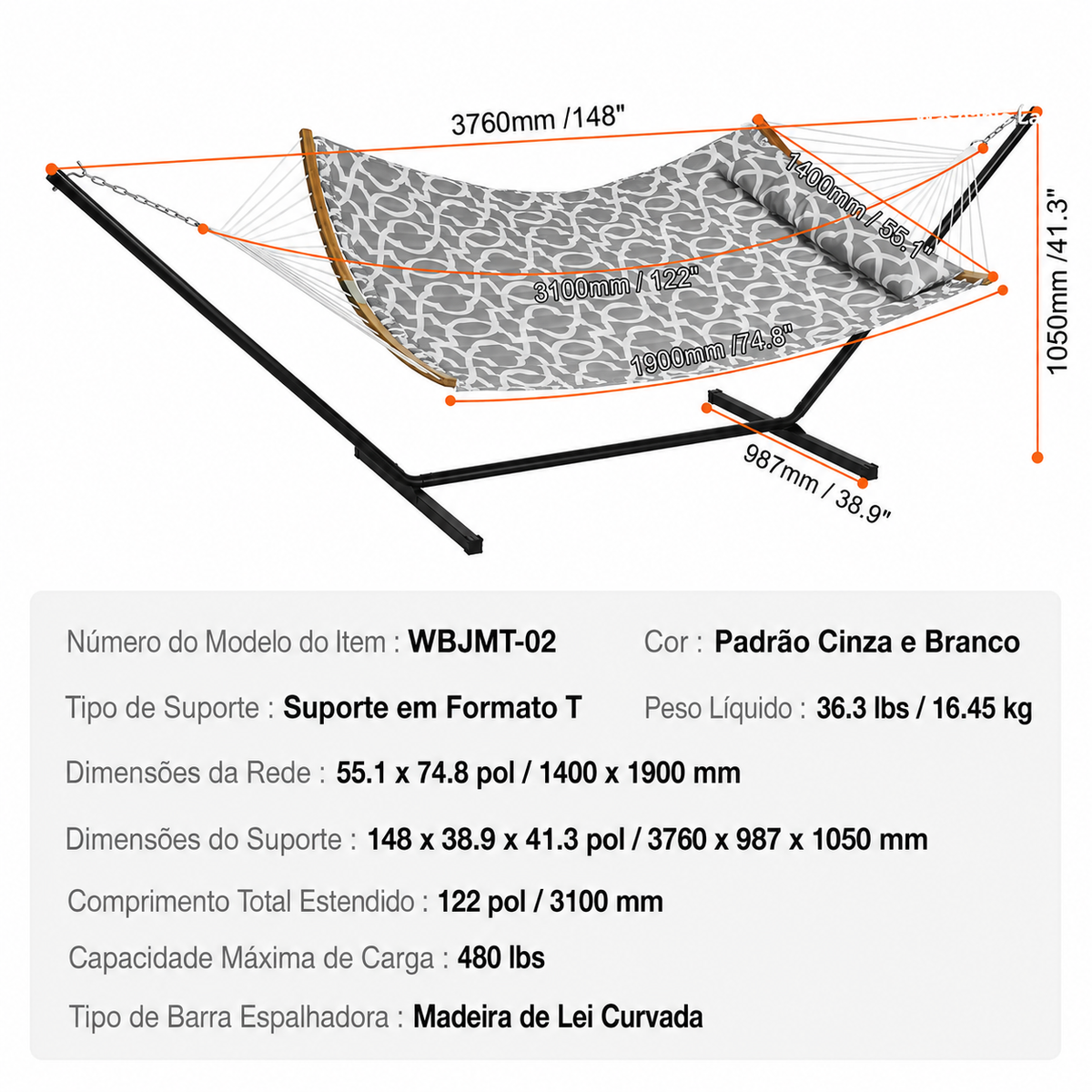 Rede Acolchoada Dupla + Suporte Portátil (218kg)