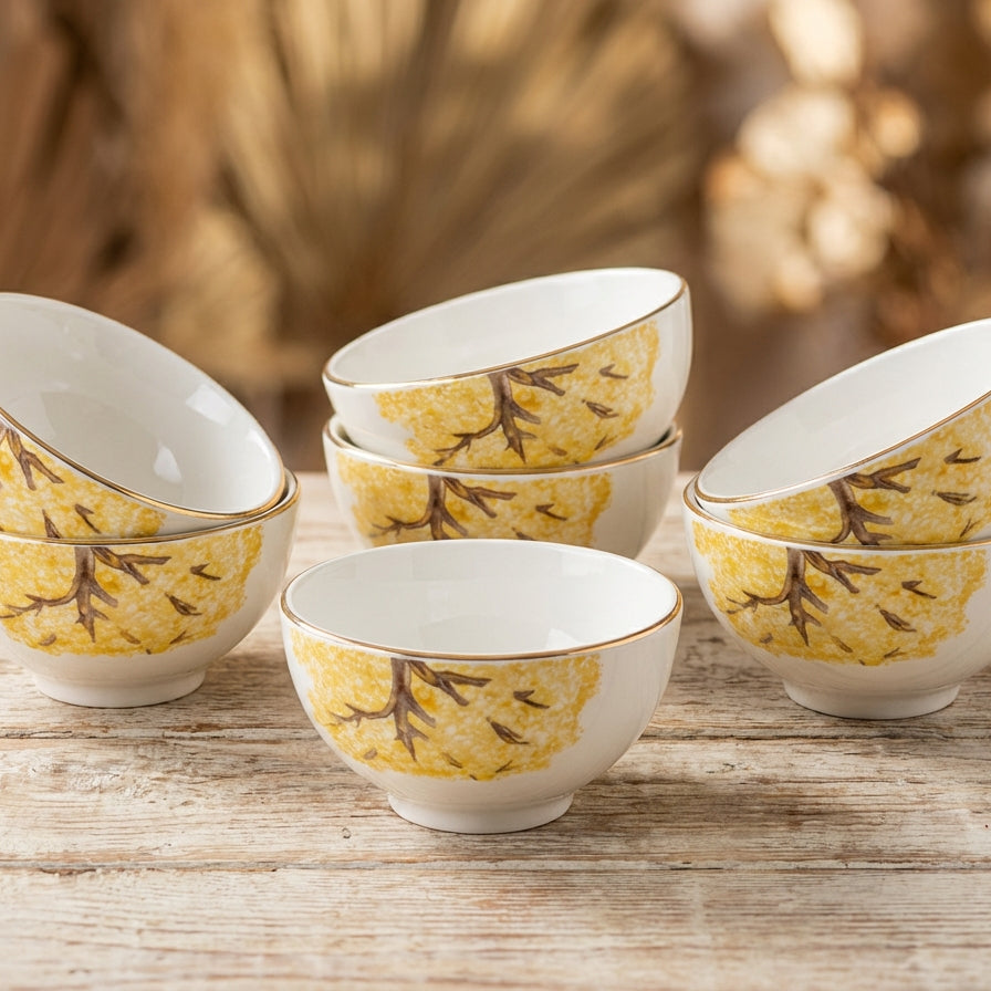 Jogo 6 Bowls Cerâmica Ypê Amarelo com Filete de Ouro 450ml 7cm Scalla