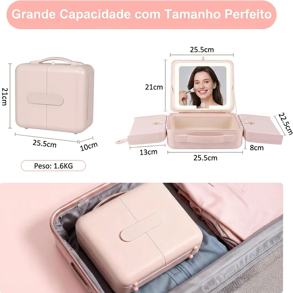 Estojo de Maquiagem Portatil Com Espelho + LED