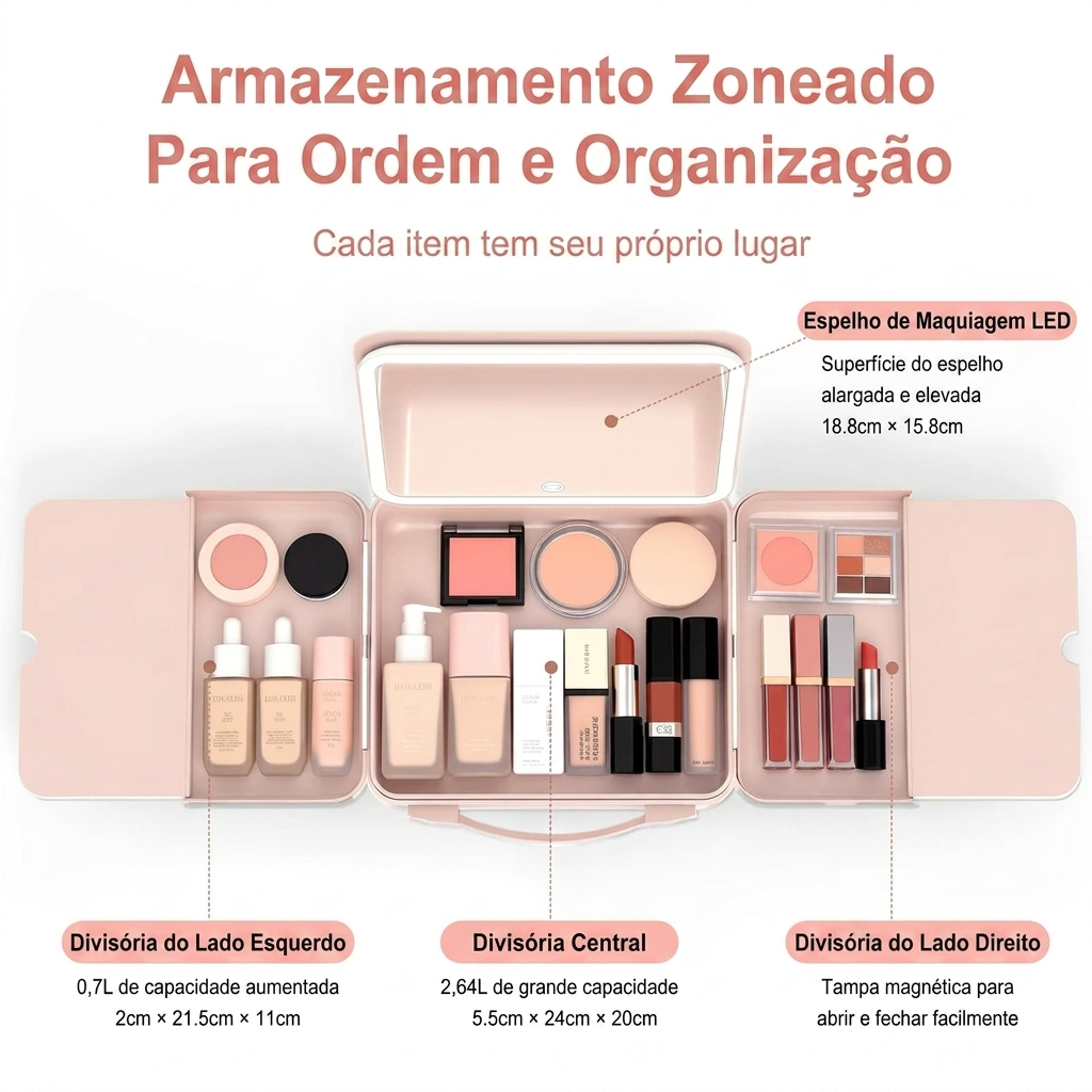 Estojo de Maquiagem Portatil Com Espelho + LED