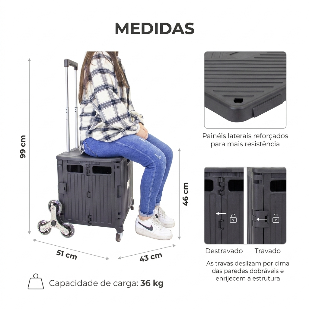 Caixa Carrinho Multiúso com Rodas Triplas 360°