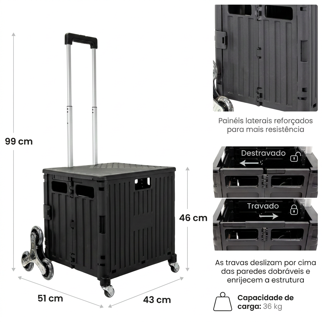 Caixa Carrinho Multiúso com Rodas Triplas 360°