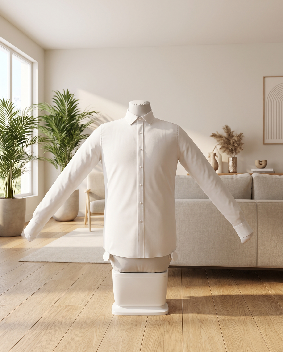 Máquina de passar automática com camisa branca inflada em uma sala clara