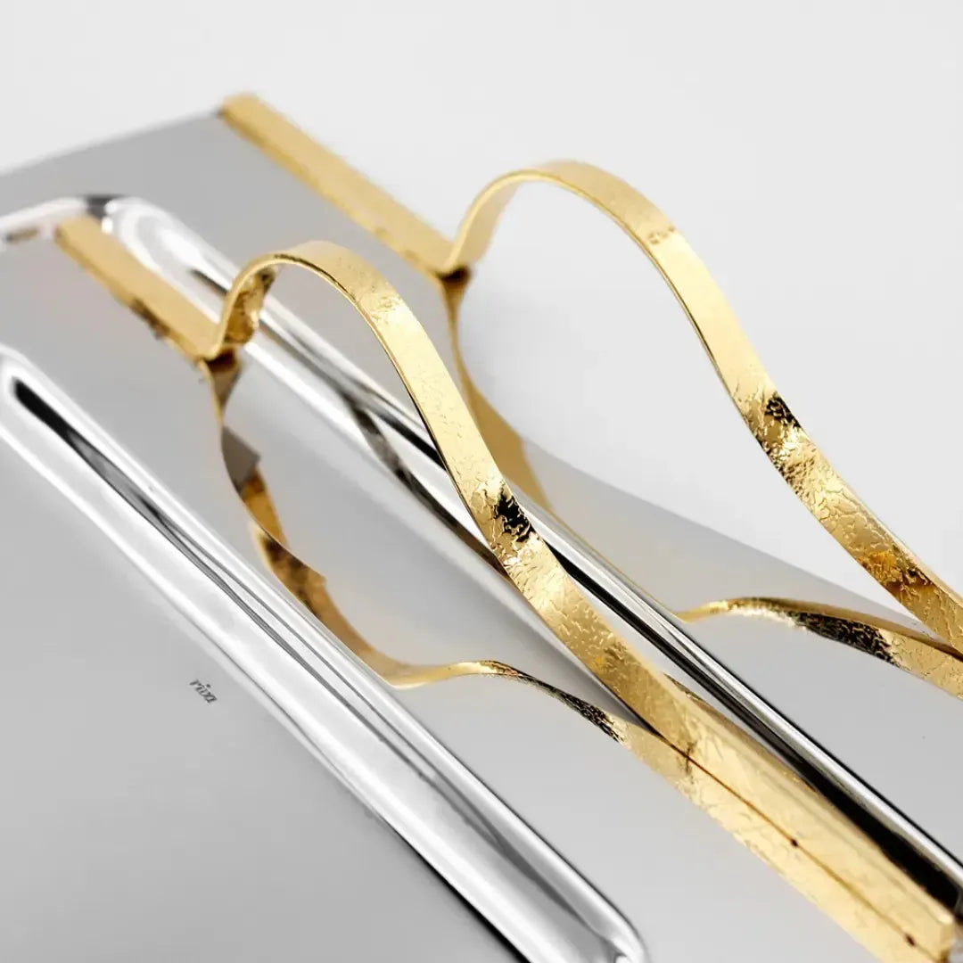 Bandeja Retangular Média Craquele Inox com Detalhes em Ouro 24k Riva