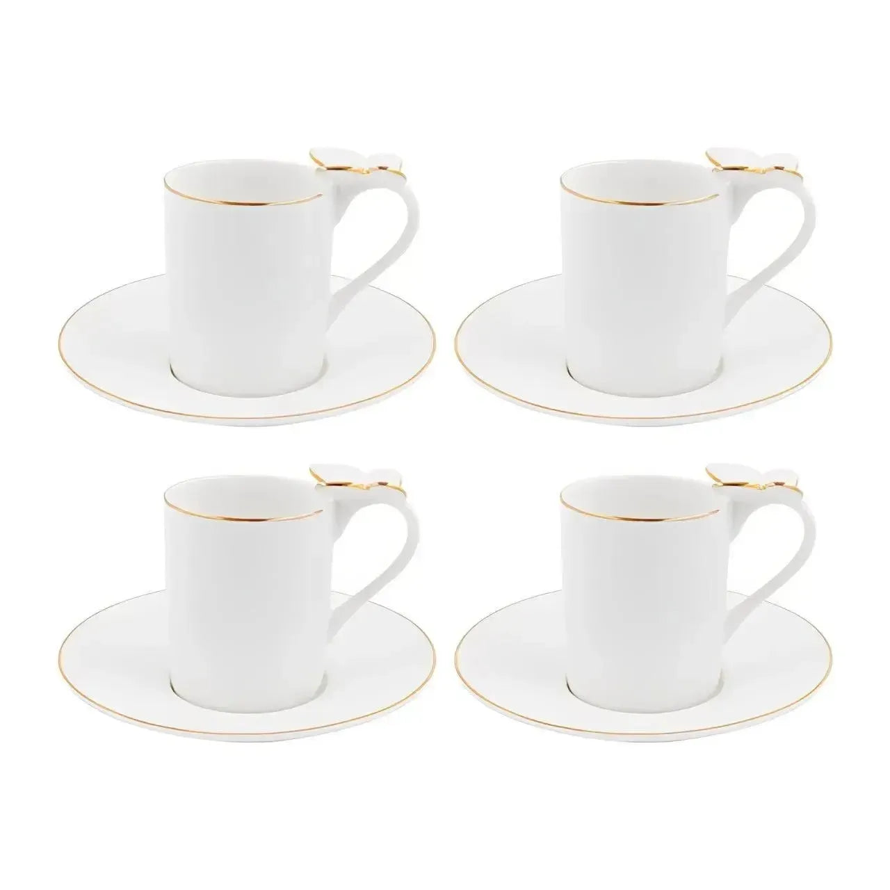 Jogo 4 Xícaras de Café com Pires New Bone China Papillon Borboleta Borda Dourada 100ml L'Hermitage