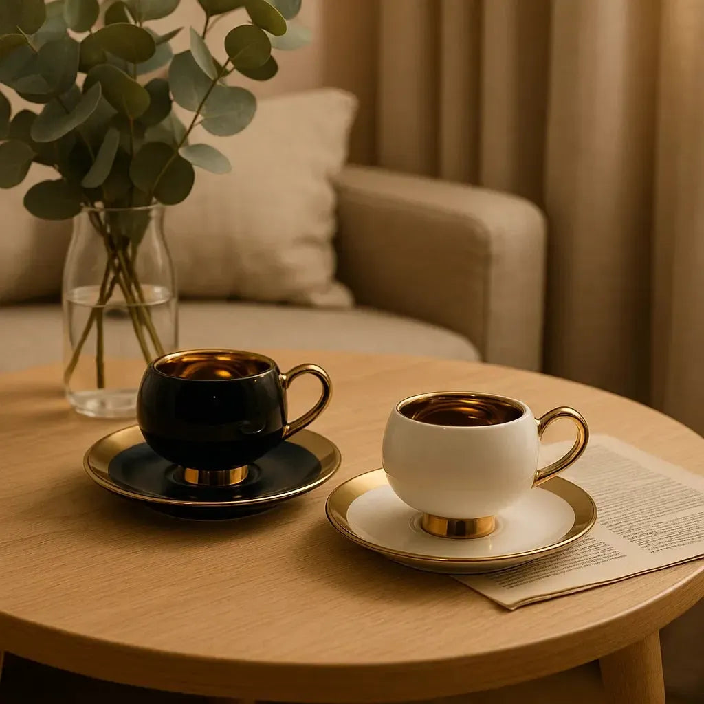 Jogo 4 Xícaras de Café com Pires New Bone China Thari Borda Dourada 120ml L'Hermitage