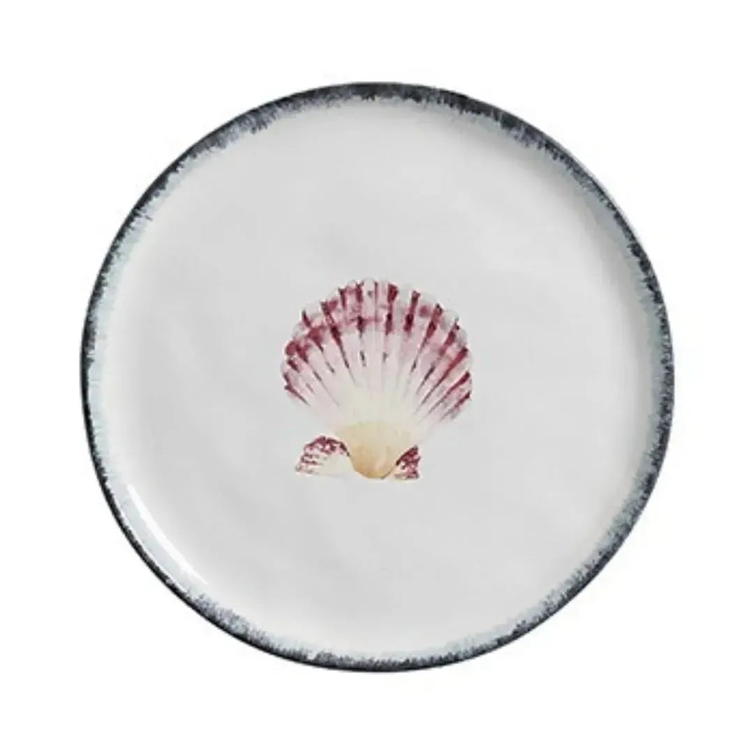Jogo 6 Pratos Raso Atlântica Cerâmica Peixe Azul / Amarelo e Concha 28cm Scalla