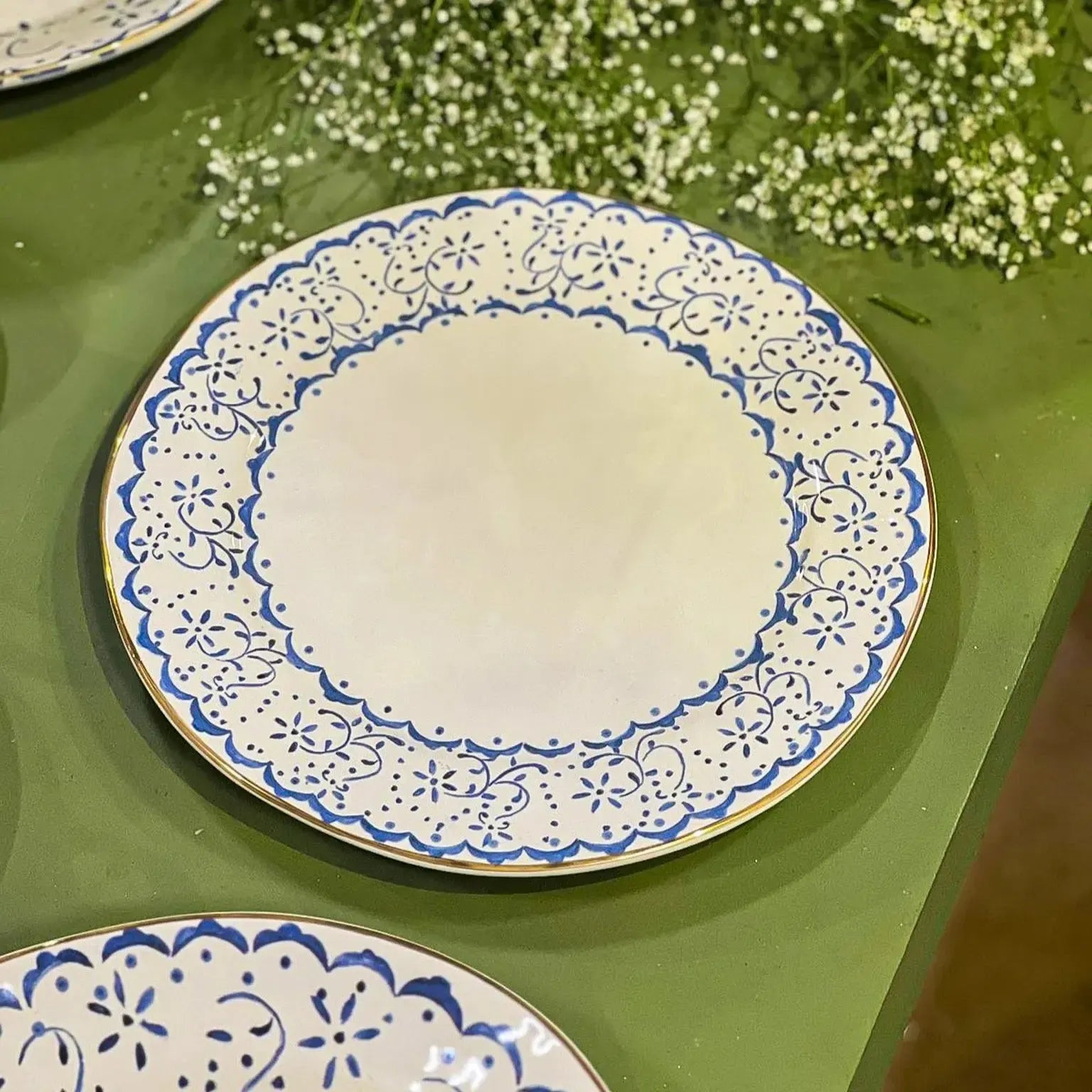 Jogo 6 Pratos Rasos Cerâmica Arabesco Azul 28cm Scalla