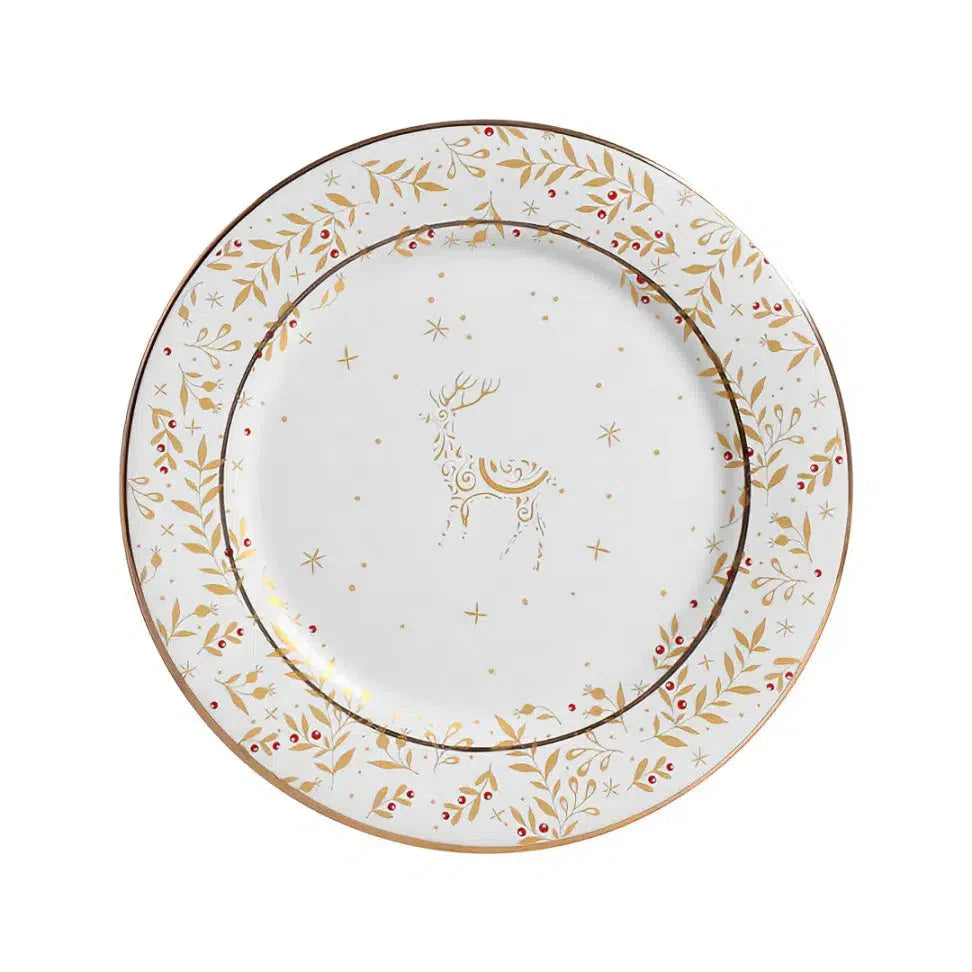 Jogo 6 Pratos de Sobremesa Cerâmica Christmas Lights Branco com Ouro 20cm Scalla