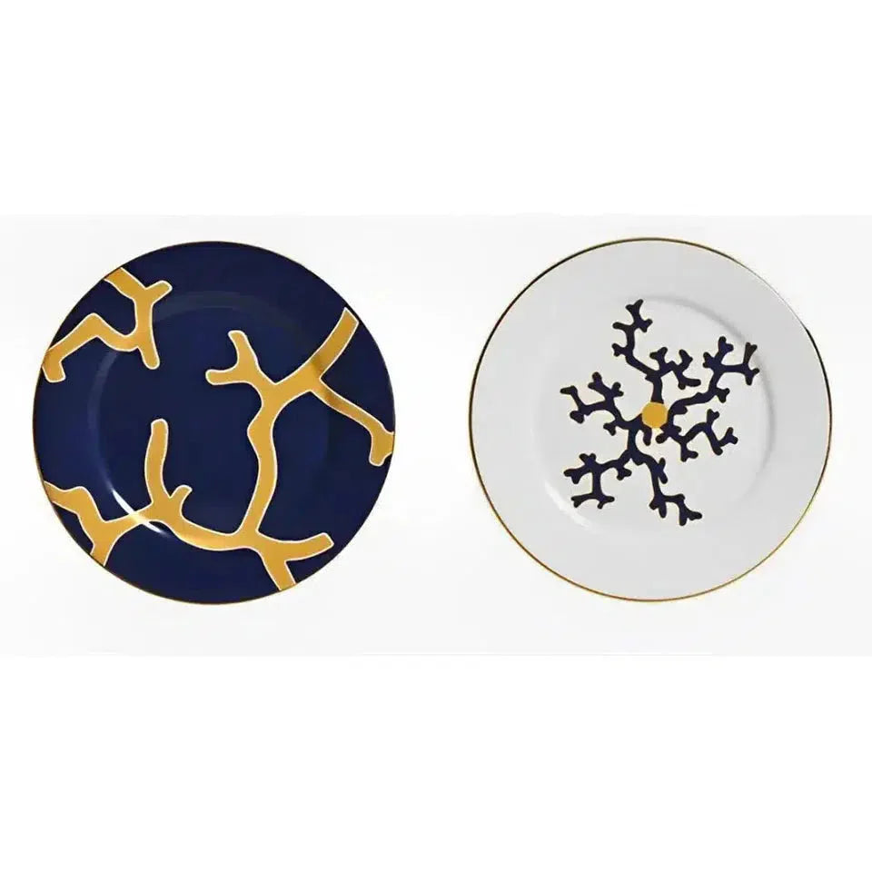 Jogo 6 Pratos de Sobremesa Cerâmica Coral Blue (Azul com Amarelo e Branco com Azul) 20,6cm Scalla