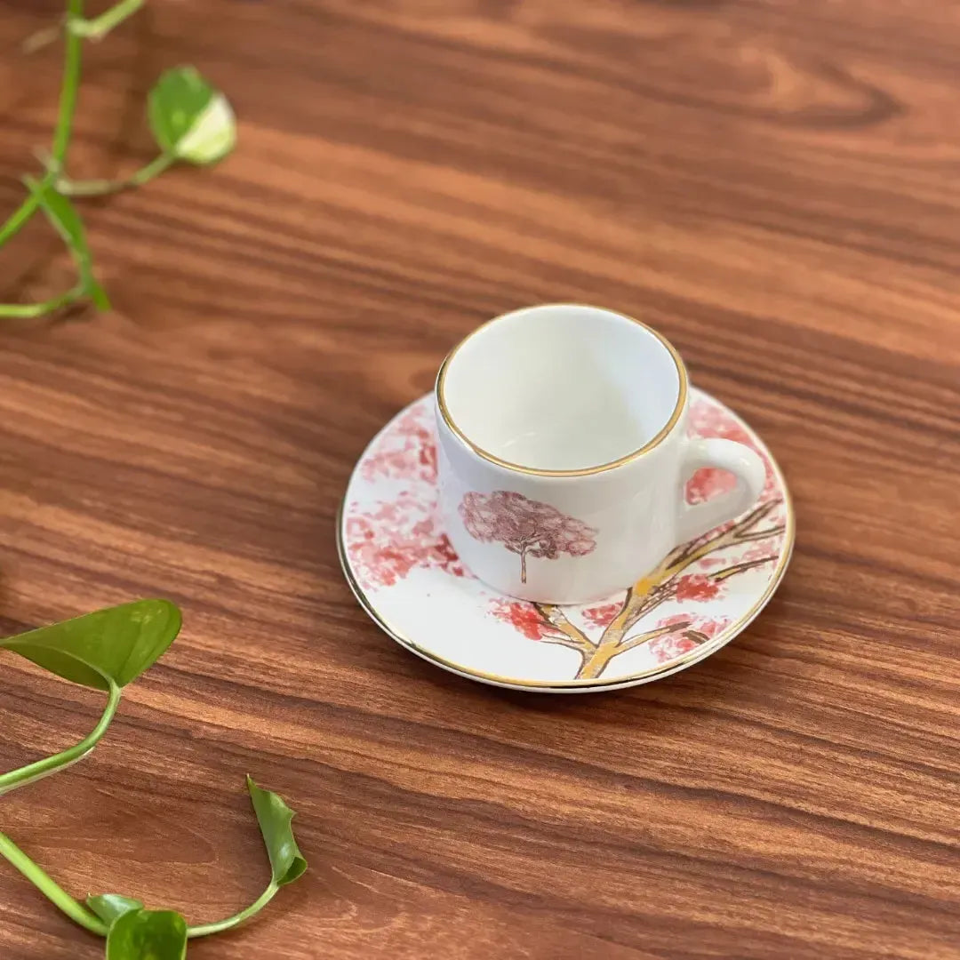Jogo 6 Xícaras de Café com Pires Cerâmica Ypê Colorido com Filete de Ouro 100ml Scalla