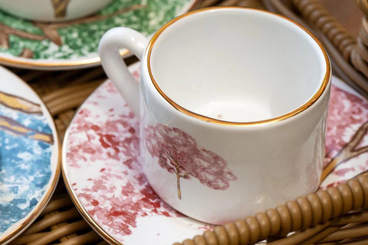 Jogo 6 Xícaras de Café com Pires Cerâmica Ypê Rosa com Filete de Ouro 100ml Scalla