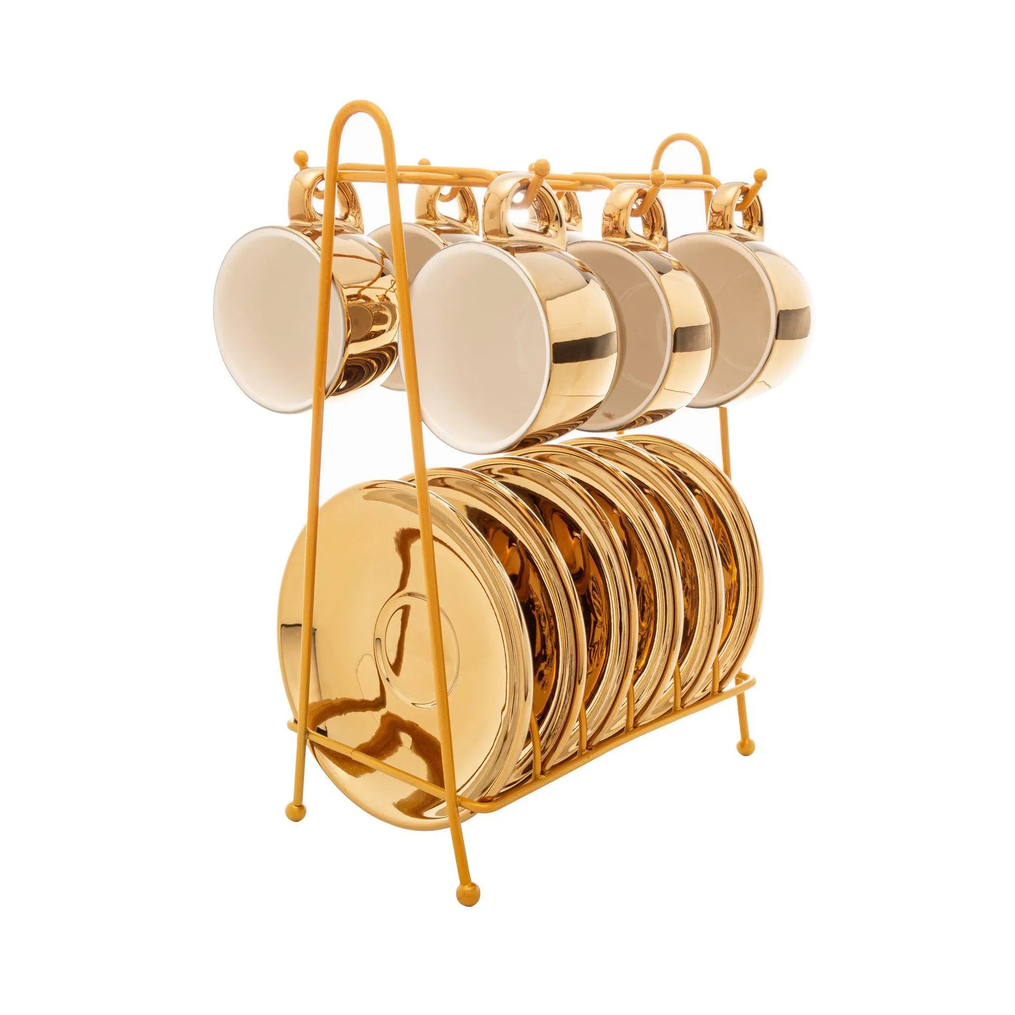 Kit 6 Xícaras de Café Com  Pires e Suporte Porcelana Versa Branco/Dourado 90ml