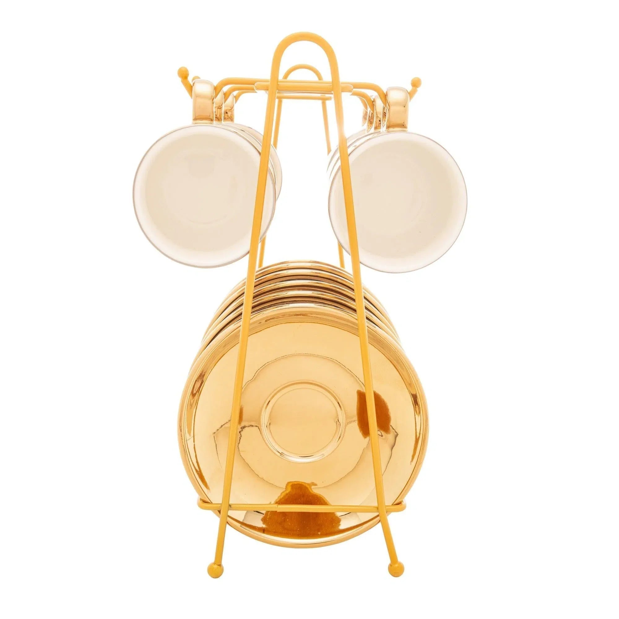 Kit 6 Xícaras de Café Com  Pires e Suporte Porcelana Versa Branco/Dourado 90ml