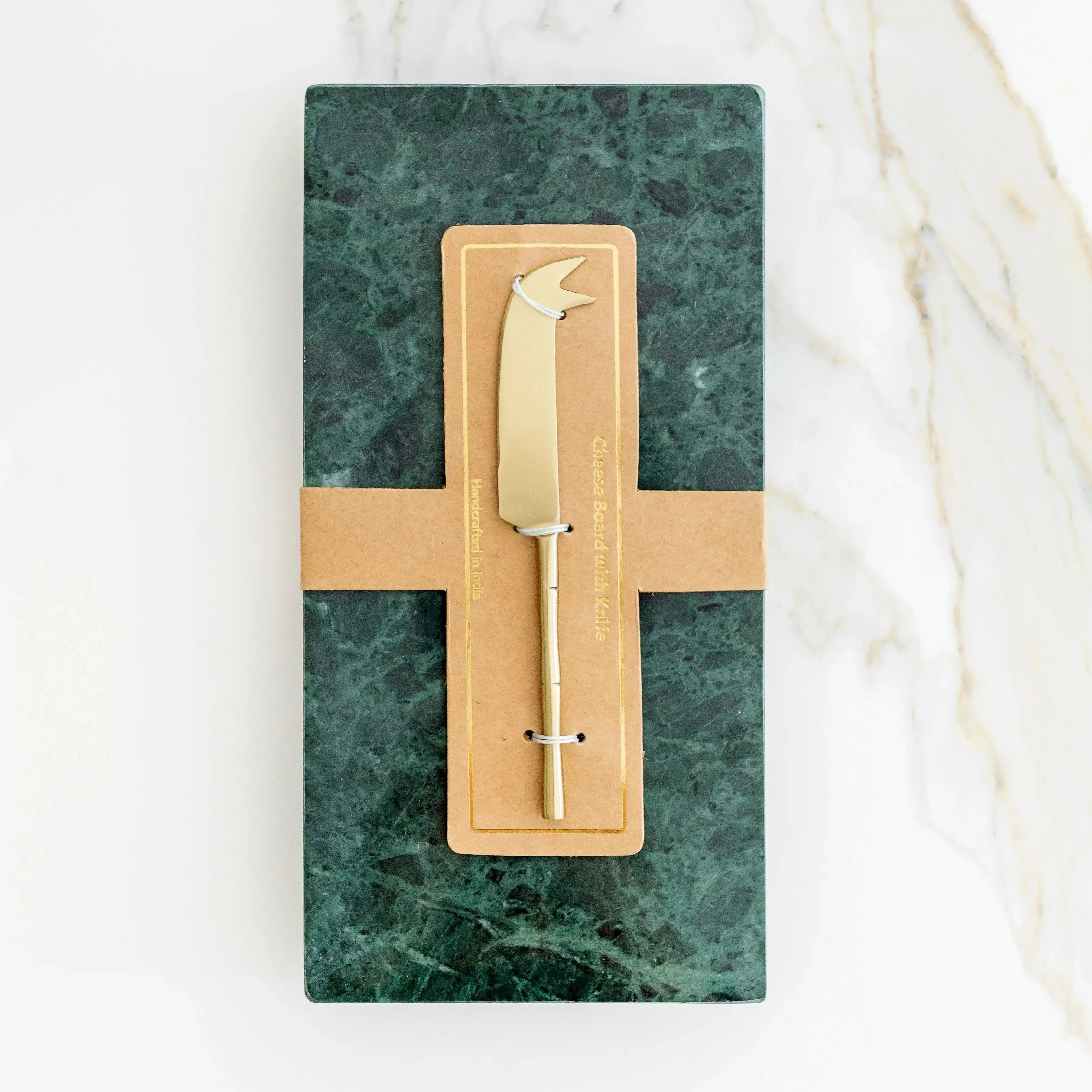 Bandeja Retangular Green Marble e Faca Dourada