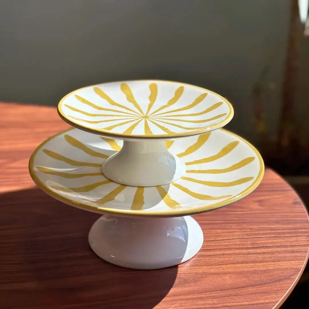 Porta Petit Four com Pé Cerâmica Piuma Amarelo Scalla