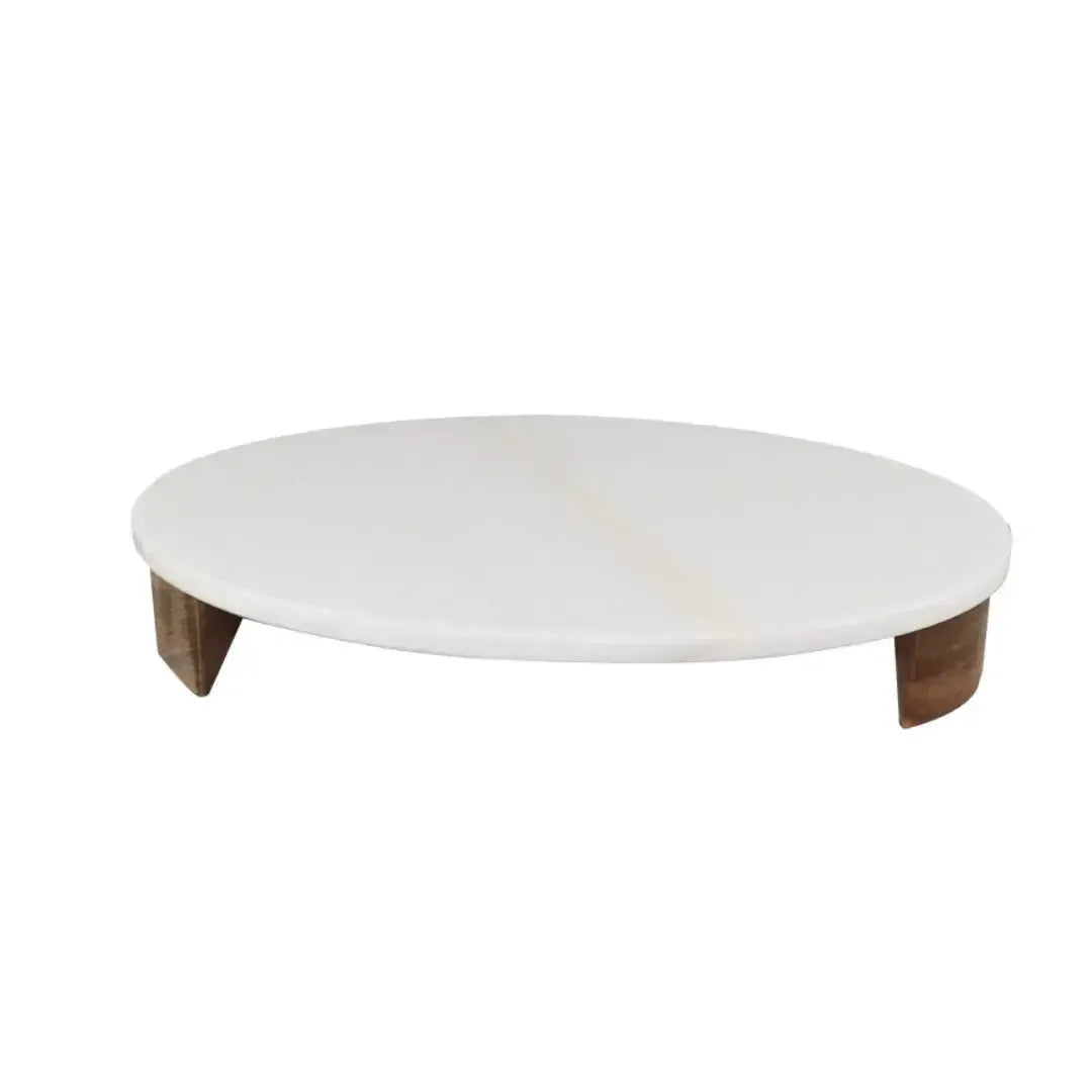 Tábua Oval para Aperitivos Mármore Branco Pés de Madeira 5x30x20cm Linha Refúgio