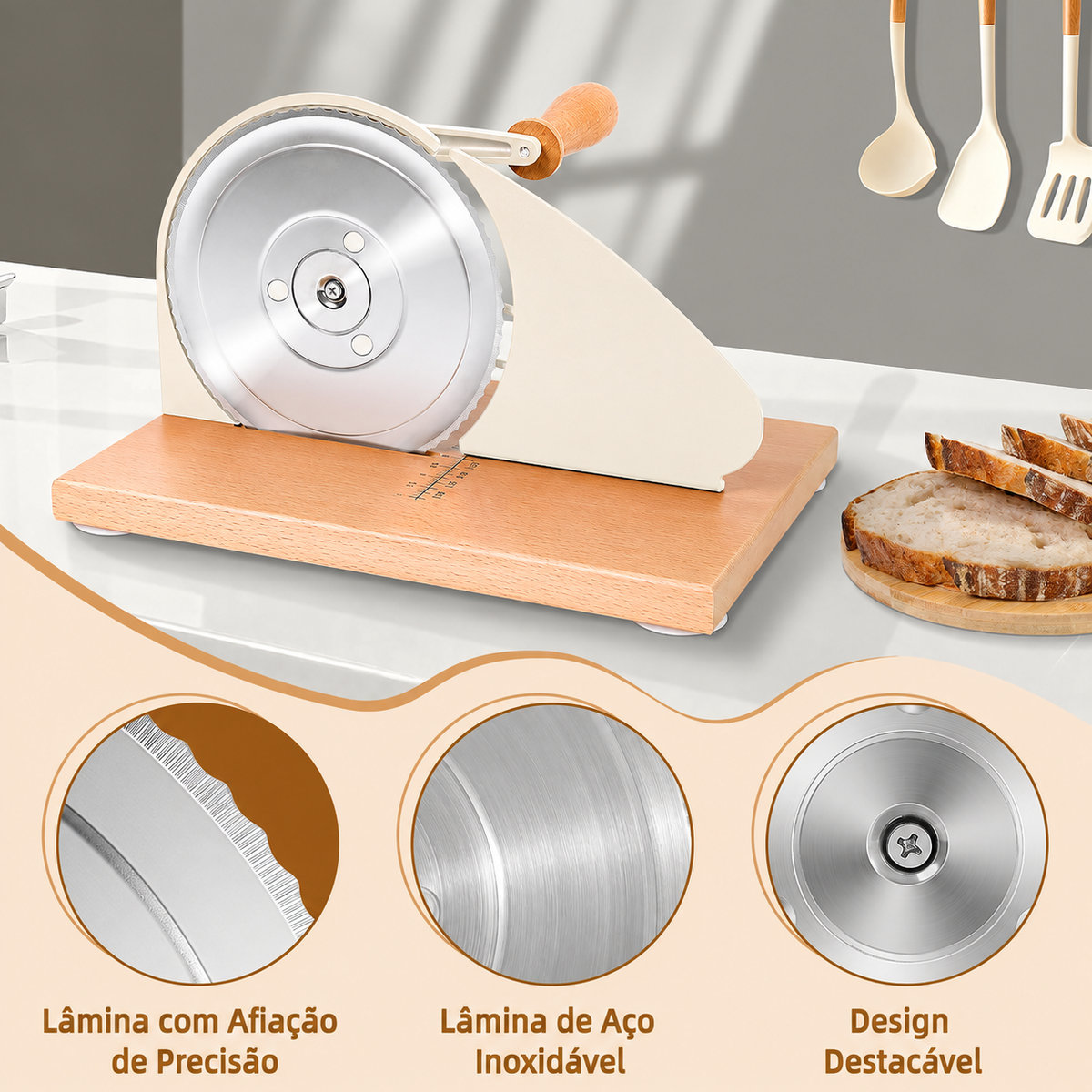 Fatiador de Pão Manual Premium - Aço Inox e Madeira