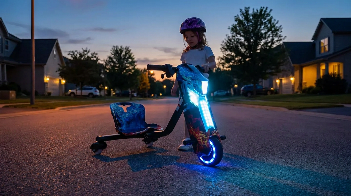Triciclo ao anoitecer com o farol de LED e as luzes das rodas acesas