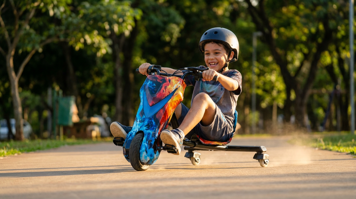 Criança de capacete fazendo drift com o triciclo elétrico em um parque
