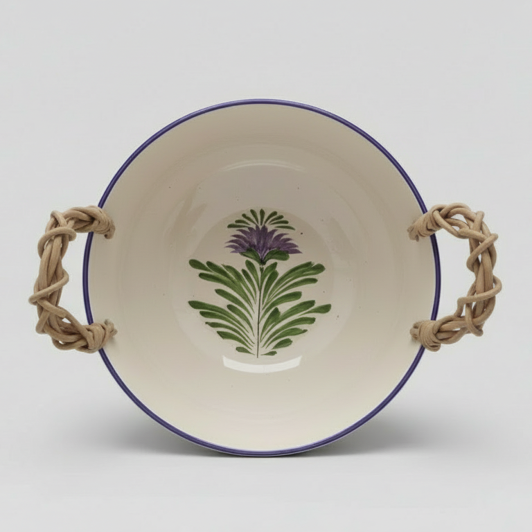 Bowl Redondo Fundo Cerâmica com Alça em Junco Flor de Alcachofra