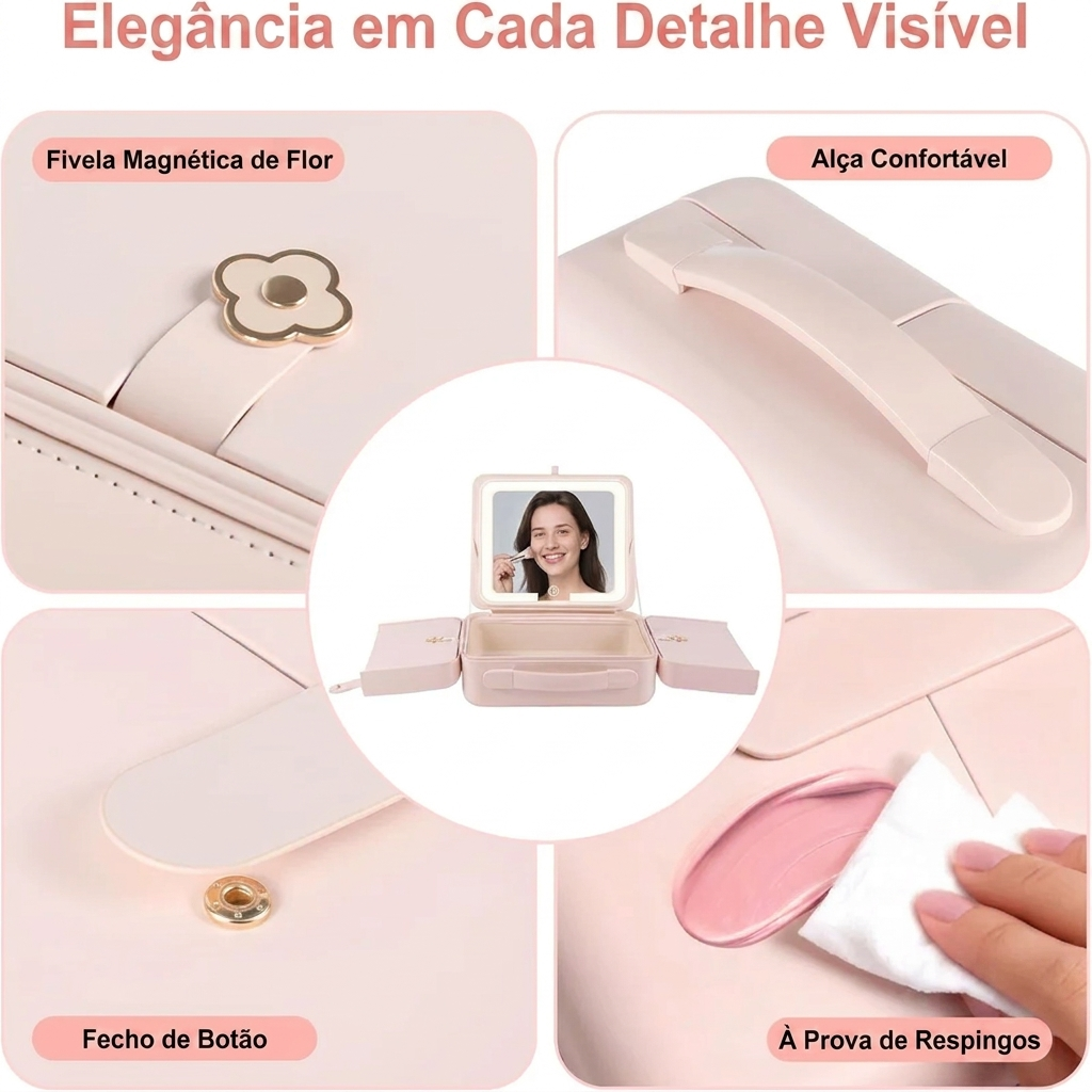 Estojo de Maquiagem Portatil Com Espelho + LED