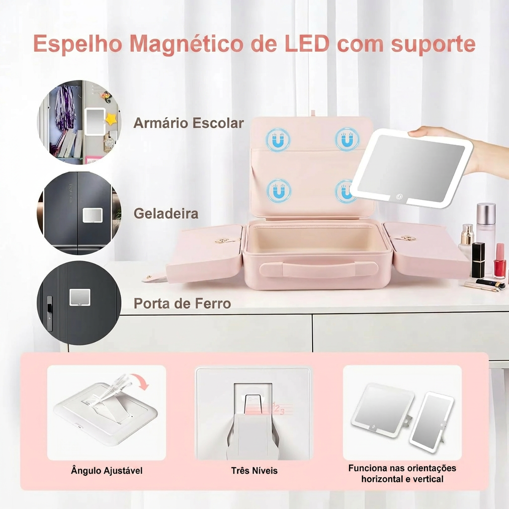 Estojo de Maquiagem Portatil Com Espelho + LED