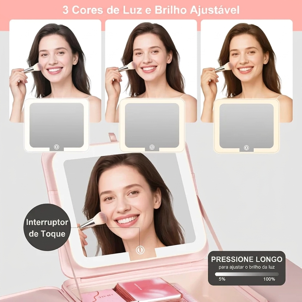 Estojo de Maquiagem Portatil Com Espelho + LED