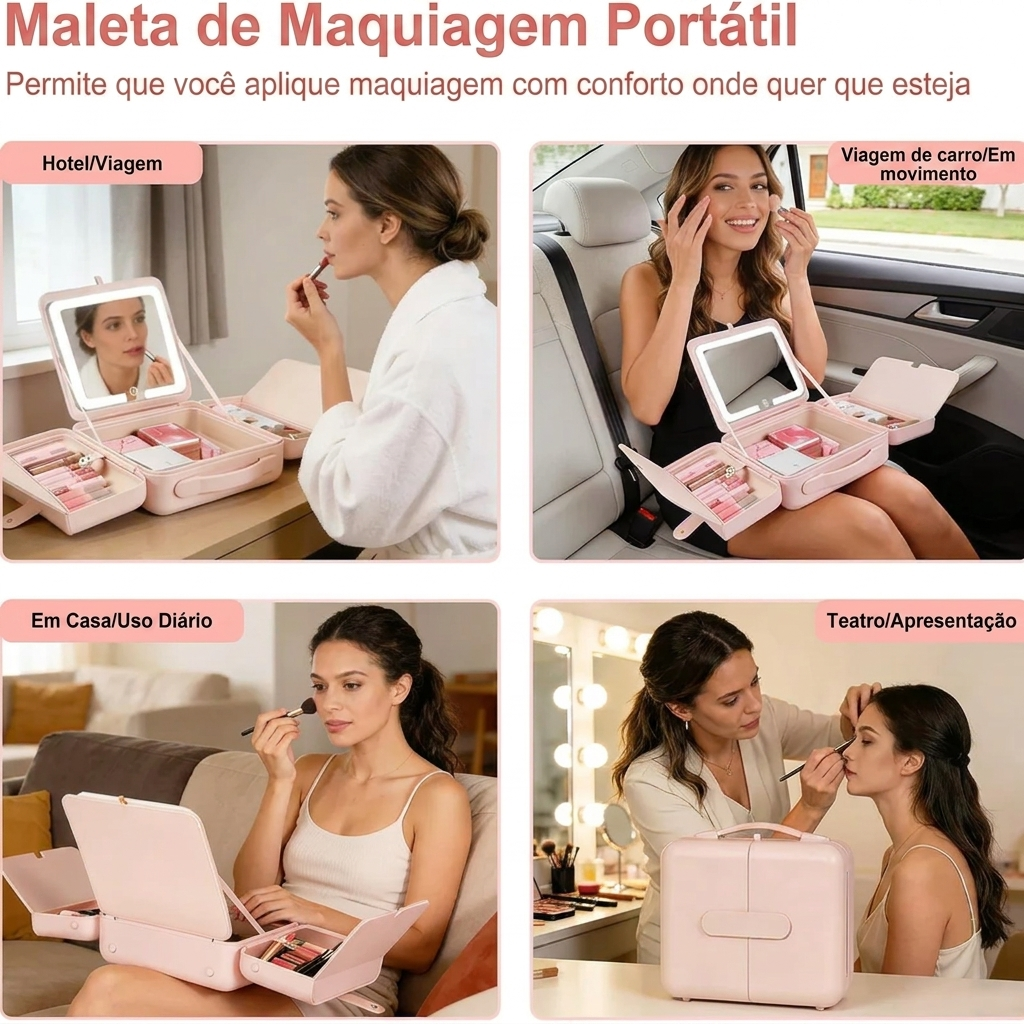 Estojo de Maquiagem Portatil Com Espelho + LED