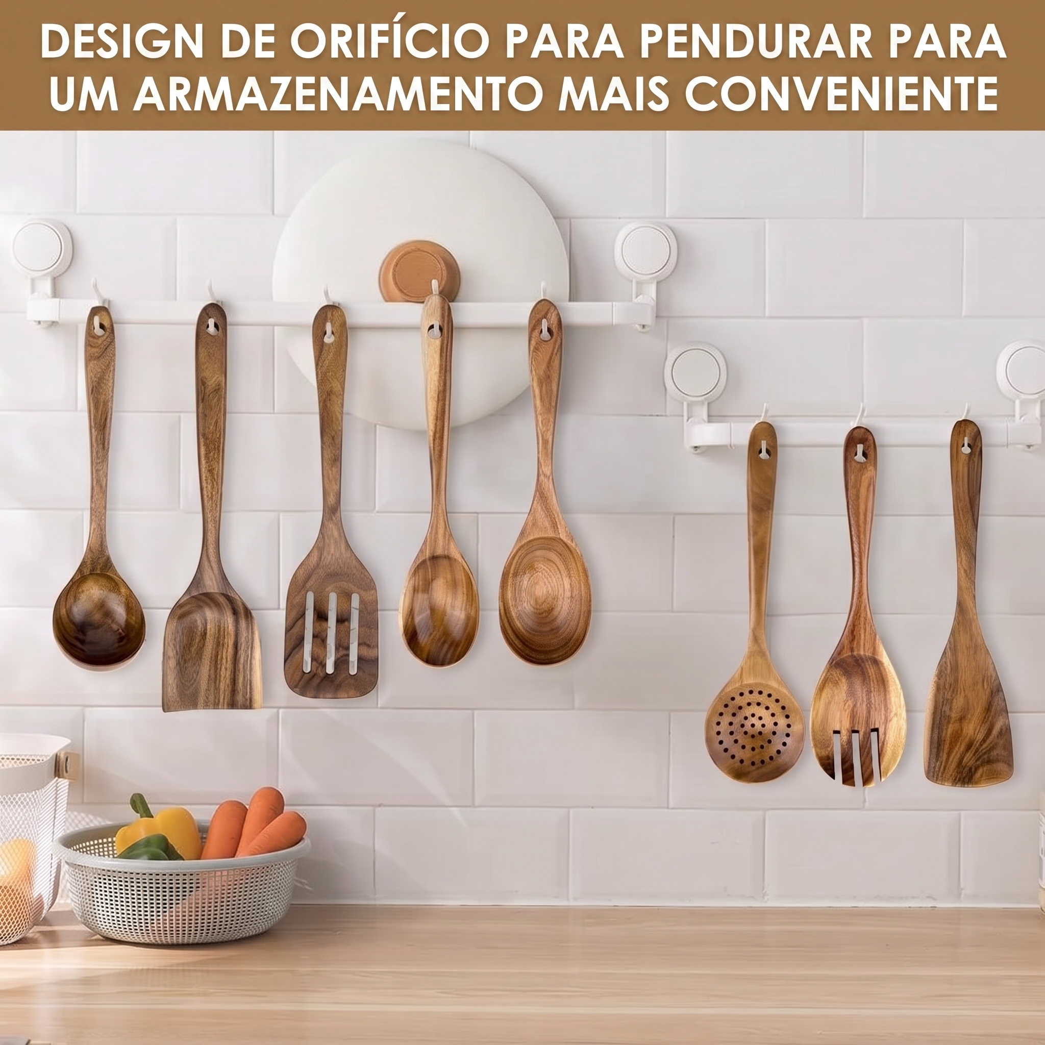 Kit 10 Utensílios de Cozinha - Madeira de Teca Maciça